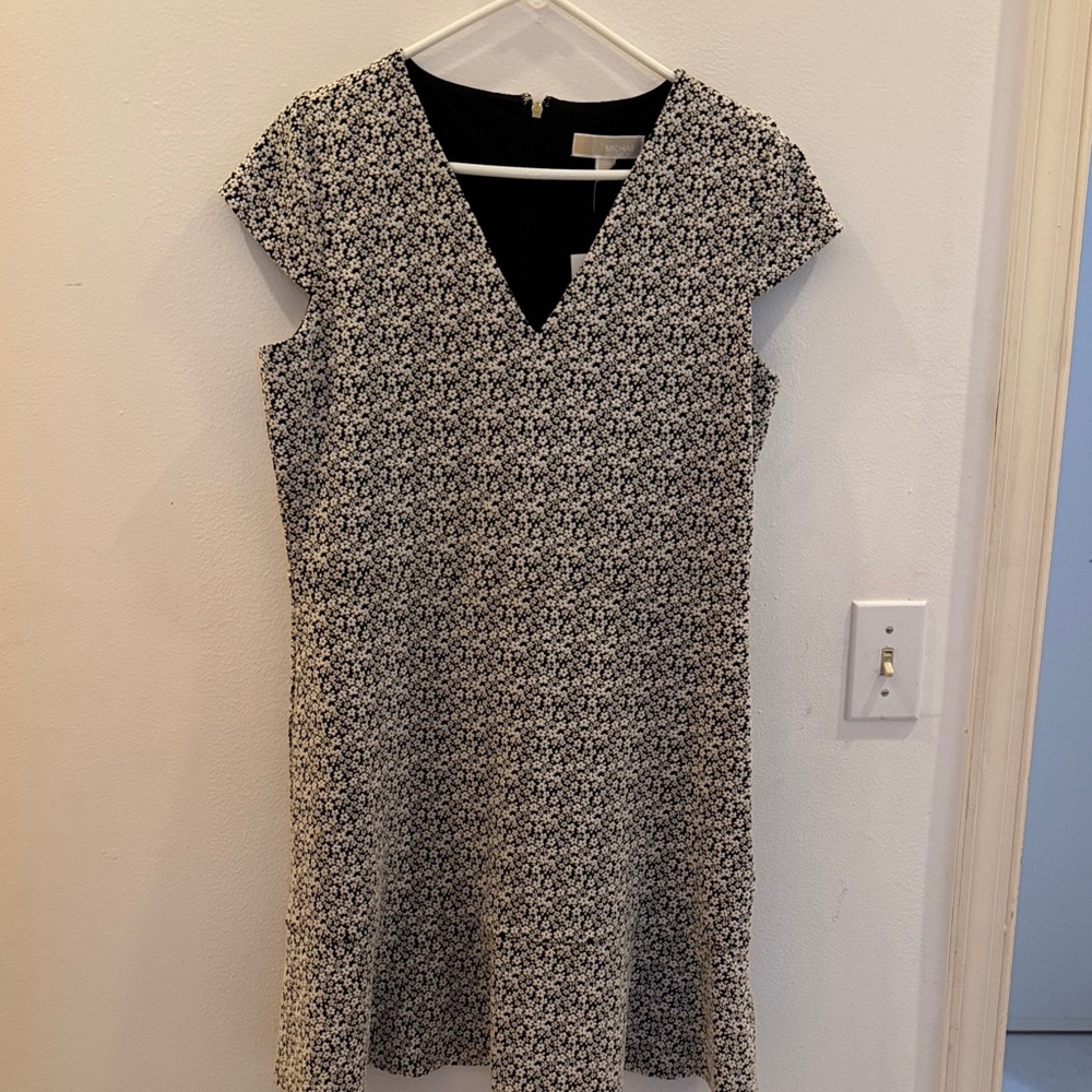 Michael Kors Black and White Floral V-Neck Cap-Sleeve Mini Dress